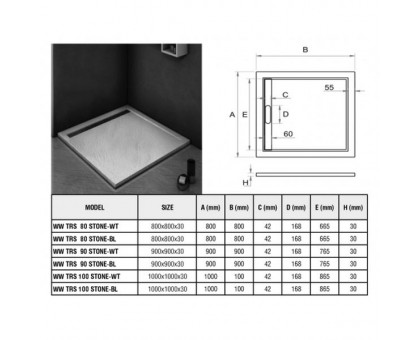 Душевой поддон WeltWasser WW TRS  90 STONE-BL 90х90 см черный с сифоном